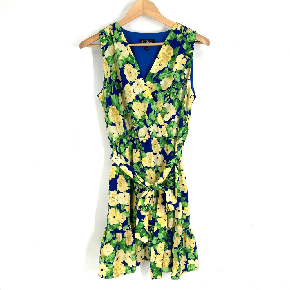Sam Edelman Womens Blue Yellow Floral Faux Wrap Ruffle Mini Dress Size 8